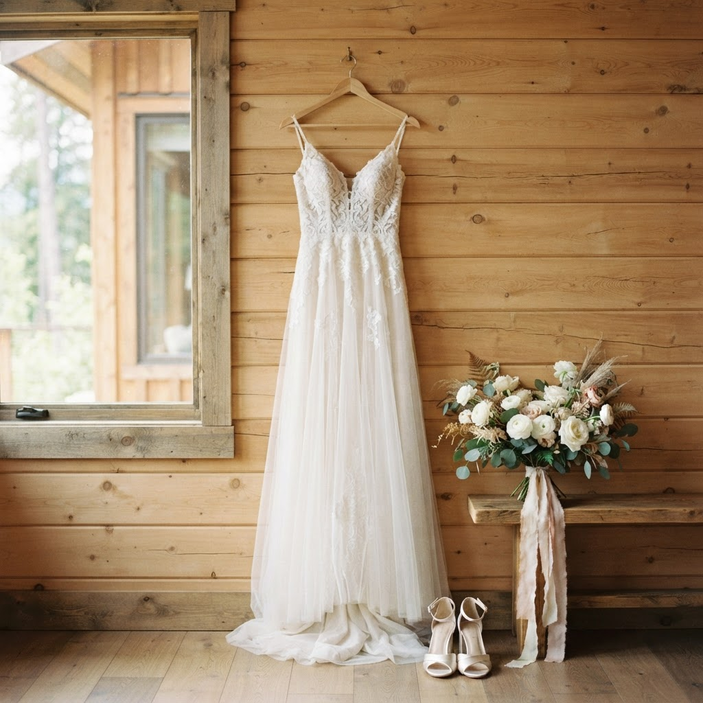 A wedding dress hanging by a cabin window