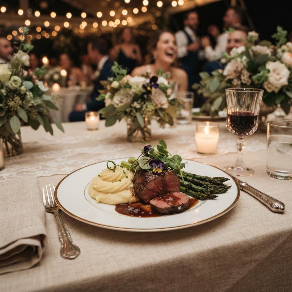 An elegantly plated beef tenderloin dinner with mashed potatoes and asparagus from 3 Cheers Catering
