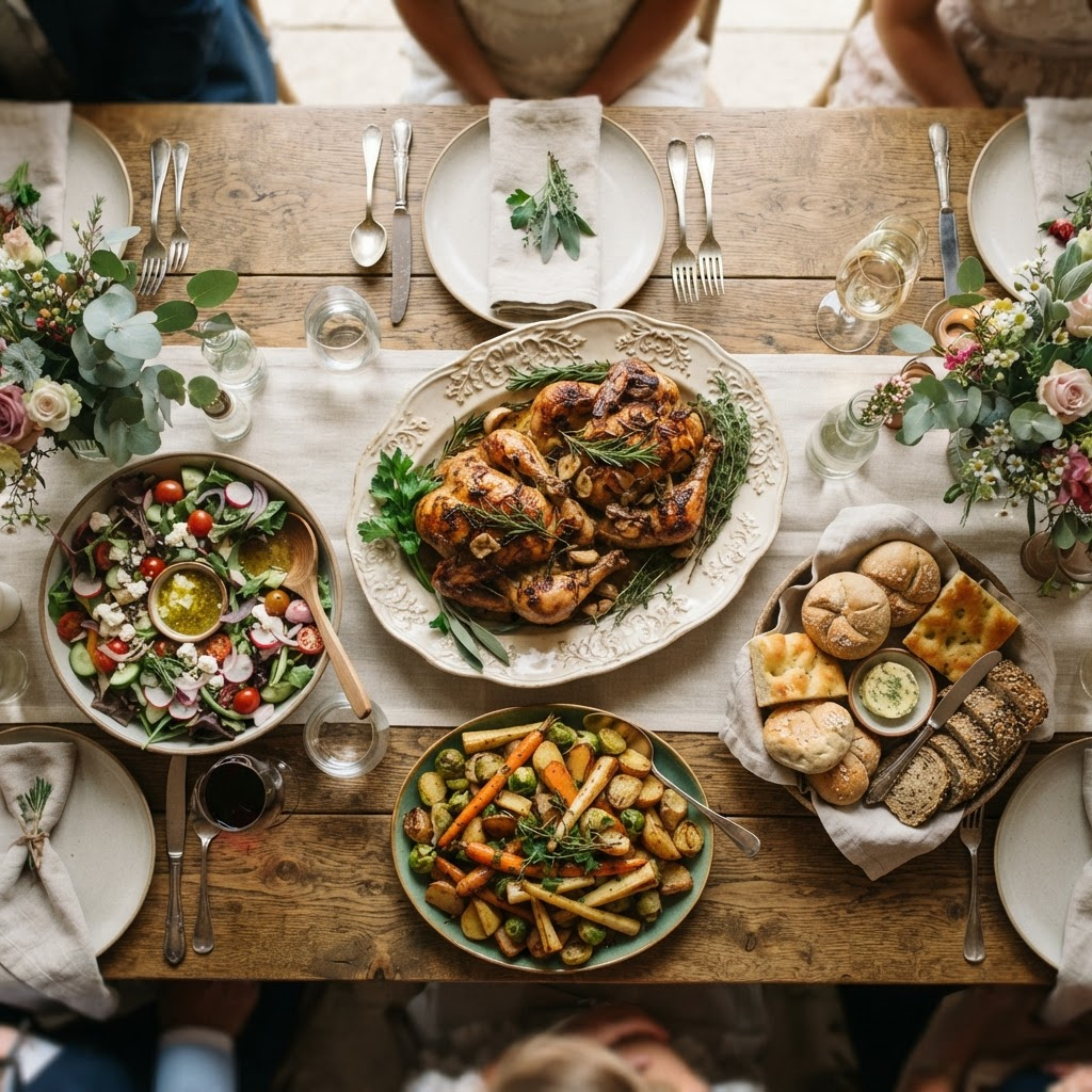 A plated spread of herb-roasted chicken, seasonal vegetables, salad, and artisan bread from Lakes Area Catering