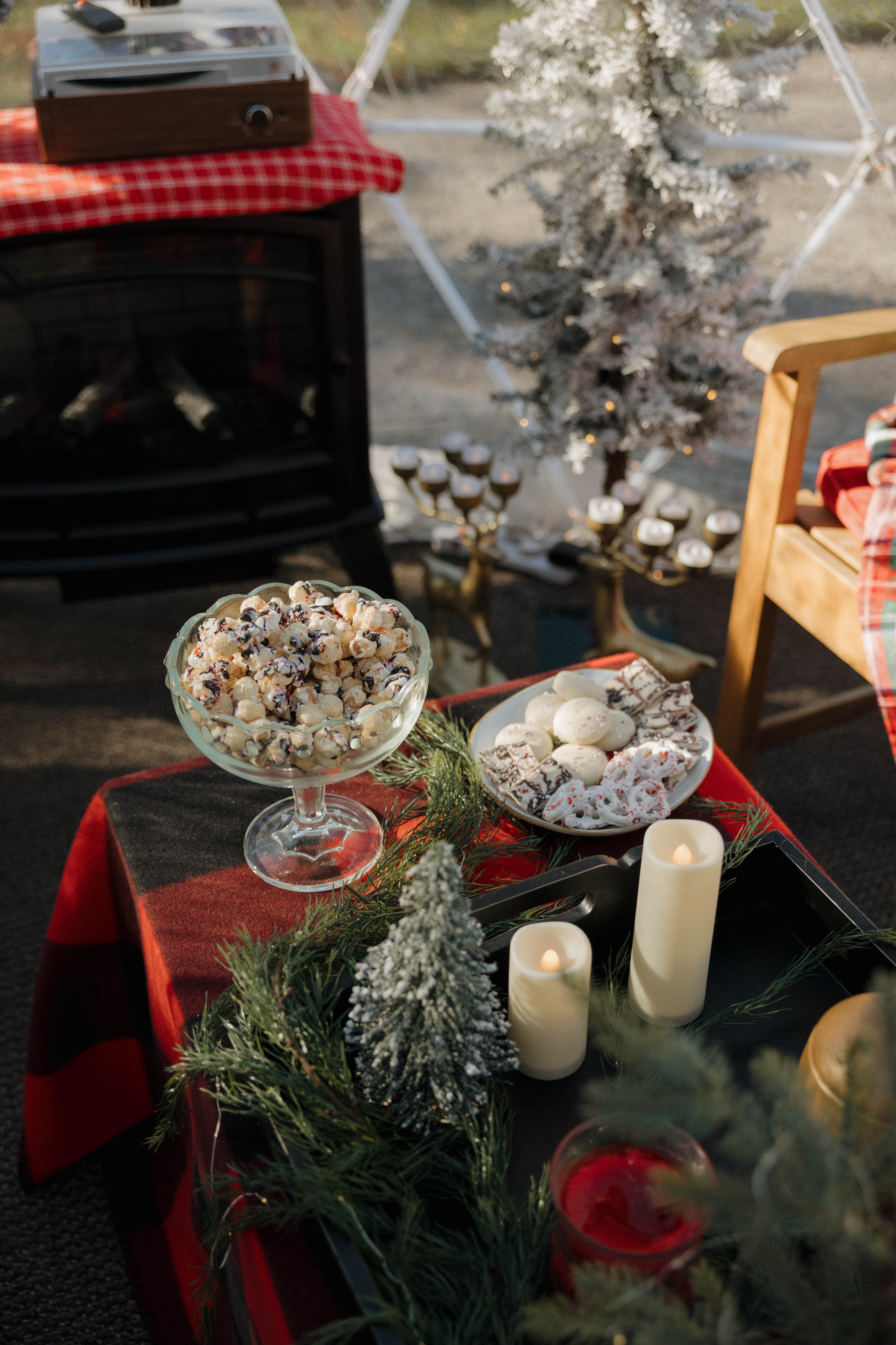 A cozy holiday gathering at the cottage with festive treats and seasonal decorations