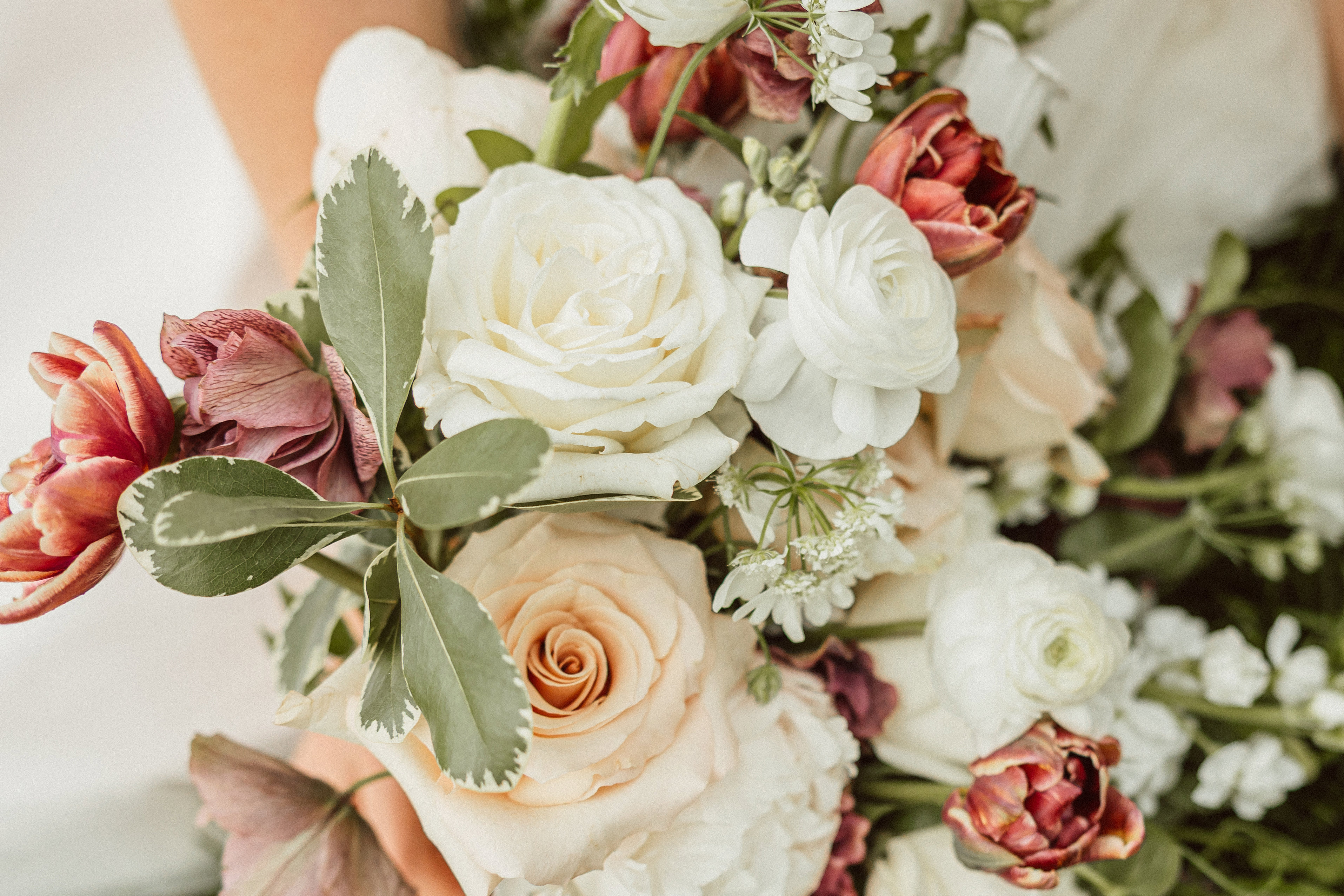 A close-up of a bridal bouquet with cream roses, white ranunculus, coral tulips, and mauve hellebores by Petal + Posy at the Emerald Cottage