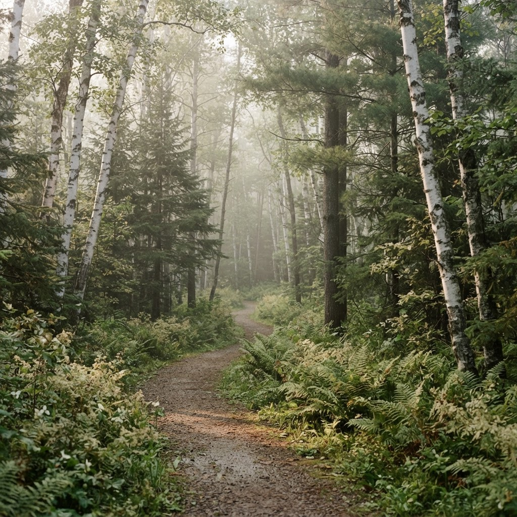 A gravel path winding through the northwoods toward the cottage