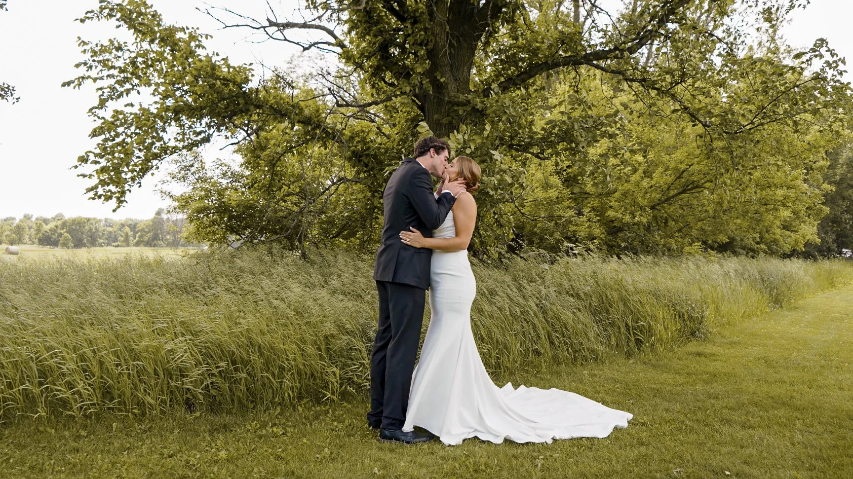 A couple sharing a kiss beneath a tree in a wild meadow, a film still by Wander and Wild Films